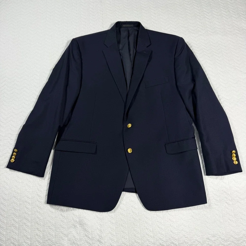 Lauren Ralph Lauren Mens Blazer 46R Wool Gold‎ Crest Button Navy Blue *READ*